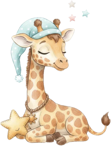 bloomie die Giraffe mit Schlafmütze, liegt mit ihrem Plüschstern
