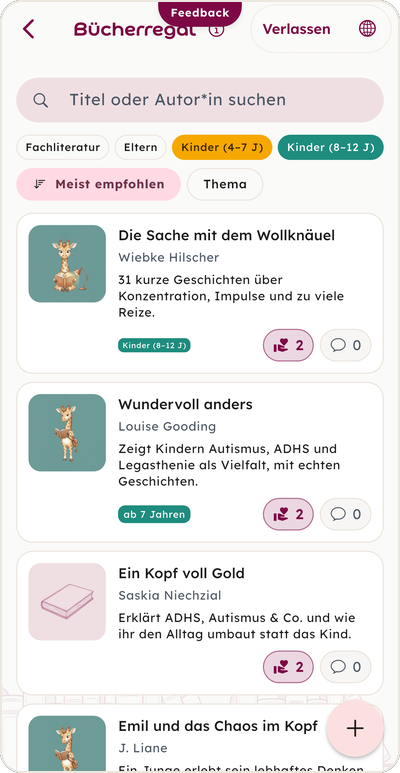 Die Bücherecke der App: Buchempfehlungen mit Kategorien und Altersstufen