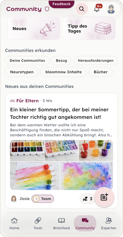 Der Community-Bereich der App: Gruppen erkunden und ein Beitrag mit Sommertipp