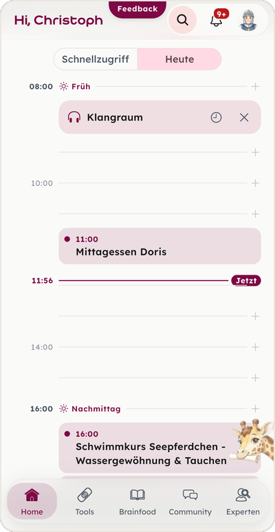 Die Heute-Ansicht der App: der Tag als Zeitleiste mit Terminen und der Jetzt-Linie