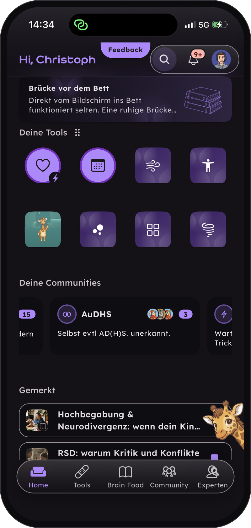 bloomnow App: derselbe Start-Screen im dunklen Modus