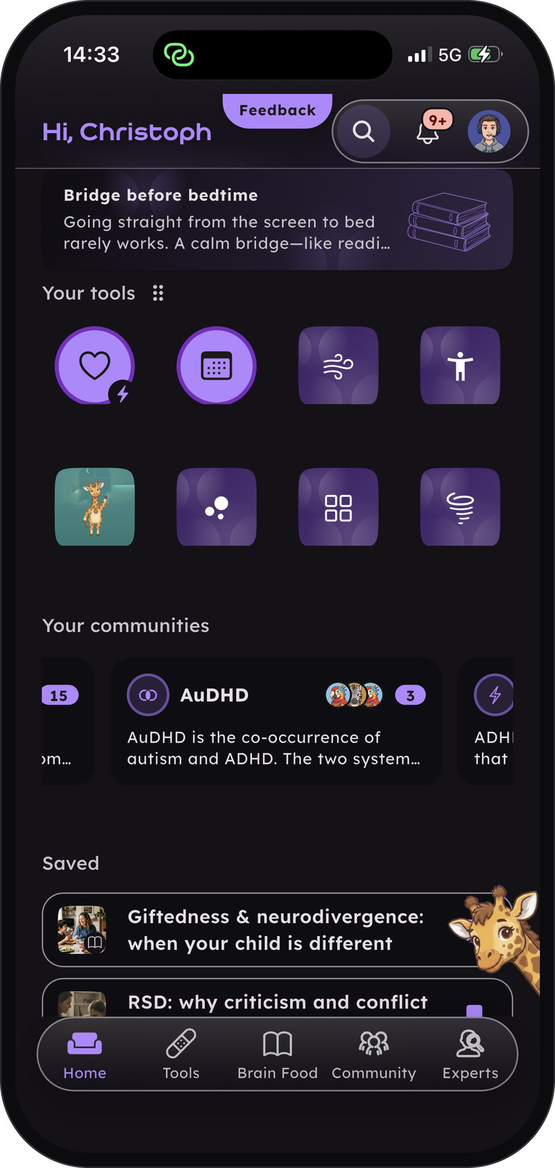 bloomnow app: the same home screen in dark mode